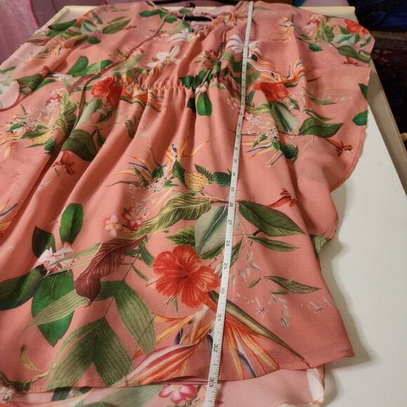 EXPRESS Tropical Mini Dress Sz S Coral Palm Kaftan Sheer Lined Vacation Resort - Picture 8 of 8